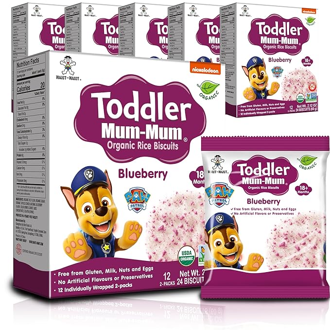 Toddler Mum-Mum Organic Rice Biscuits, Blueberry Paw Patrol | 24 Count (Pack of 6) | Gluten Free, Allergen Free, Non-GMO | Toddler Snacks, Rice Rusk, Cracker
