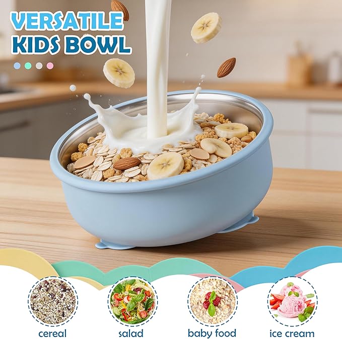 HaWare Baby Bowls with Suction, Stainless Steel Toddler Bowl with Removable Silicone Sleeve, Non-Slip Child Food Bowl with Silicone Suction, Unbreakable Kids Bowls for Feeding, Blue+Green+Grey, 3 Pack