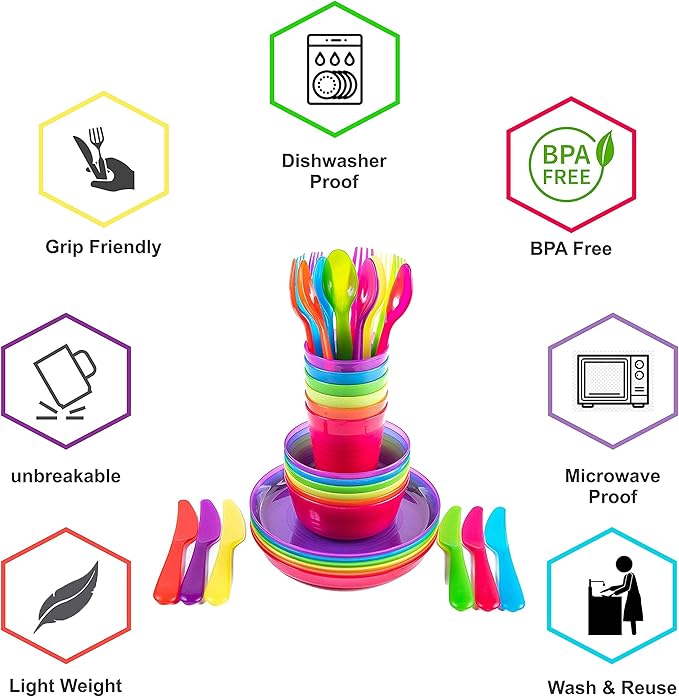 Kids Plastic Dinnerware Set of 72 Multi Color Pieces (Plates, Bowls, Cups and Flatware) - Reusable, BPA-Free, Dishwasher Safe and Microwaveable