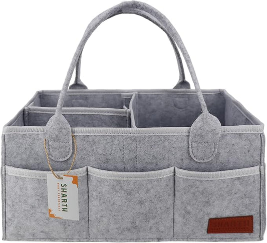 Sharth Baby Diaper Caddy Organizer with Handle, Baby Shower Gifts Basket Bag, Registry Search Must Haves Items, Nursery Storage Organizer for Newborn Girl Boy, Car Diaper Caddy (Gray)