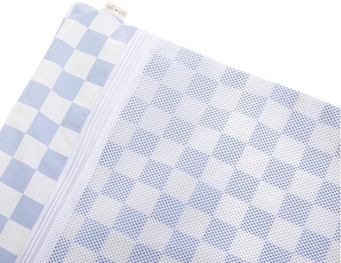 Ali+Oli Water Resistant Dual-Compartment Wet-Dry Bag for Travel, Hook to Stroller, Daycare, Diapers, Diaper Bag, Clutch Bag,15x12 inches (Blue Checkers)