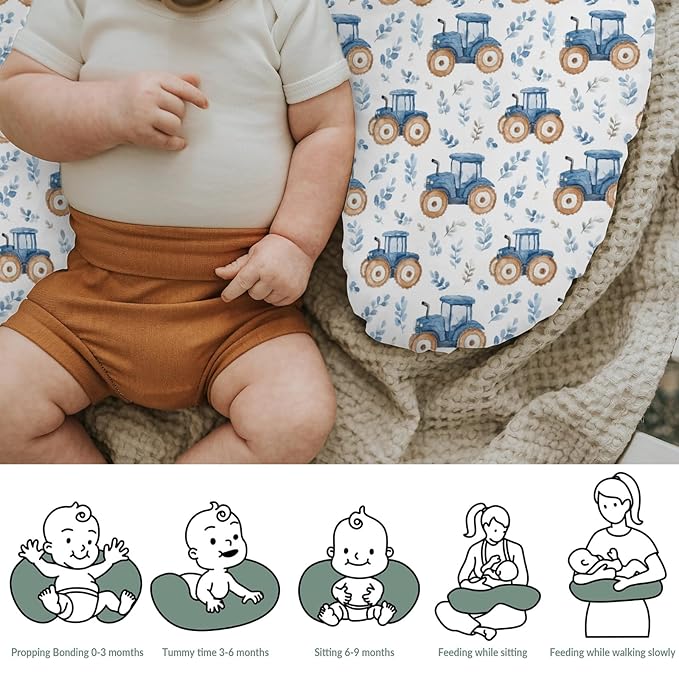 Watercolor Blue Tractors Baby Nursing Pillow Covers for Boy Girl Farm Tractors Boho Leaves Nursery Feeding Pillowcase for Breastfeeding Pillows Farm Life Soft Stretchy Slipcovers for Newborn Infant