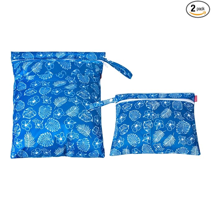 Damero 2 Pcs Wet Dry Bag for Cloth Diaper, Swimsuit, Clothes, Water-Resistant Reusable Wet Bag for Travel, Exercise, Beach, Pool, Daycare, Blue Flowers