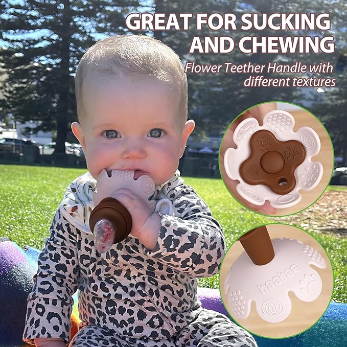 Haakaa Flower Baby Fresh Fruit Food Feeder with Mini Freezer Nibble Tray, Breastmilk Popsicle Mold for Baby Cooling Relief, Food Grade Silicone Baby Mesh Feeder for Infants 4M+ (Oat)