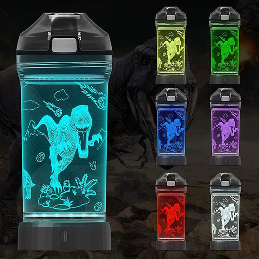 Attivolife Kids Water Bottle Light up Dinosaur, Jurassic Cup 3D Illusion Glowing Lamp-14 OZ Dino BPA Free Eco-Friendly Timer Function, Cool Unique Gifts for Boy Girl Toddler Camping
