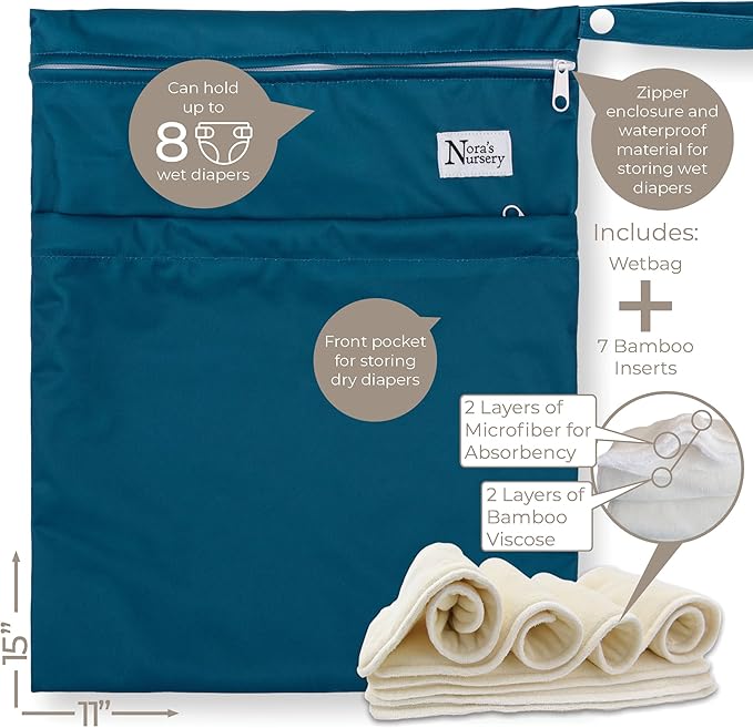 Nora's Nursery Cloth Diapers 7 Pack with 7 Inserts & 1 Wet Bag - Waterproof Cover, Washable, Reusable & One Size Adjustable Pocket Diapers for Newborns and Toddlers - Mighty Trucks