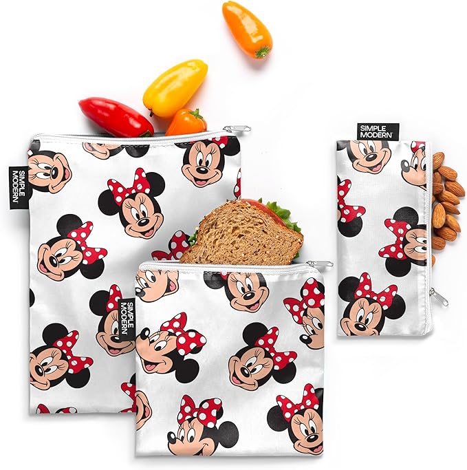Simple Modern Disney Reusable Snack Bags for Kids, Girls, Boys | Food Safe, BPA & Phthalate Free Polyester Zip Pouch | Washable & Refillable Sandwich Bag | Ellie Collection | 3 pack | Minnie Mouse Fun