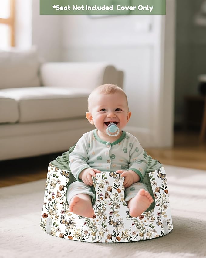 BOMOLOUR Seat Cover Compatible with Bumbo and Nuby Seat, Removable Breathable Baby Floor Seat Cover for Boys and Girls, Seat Not Included (Green Butterfly)