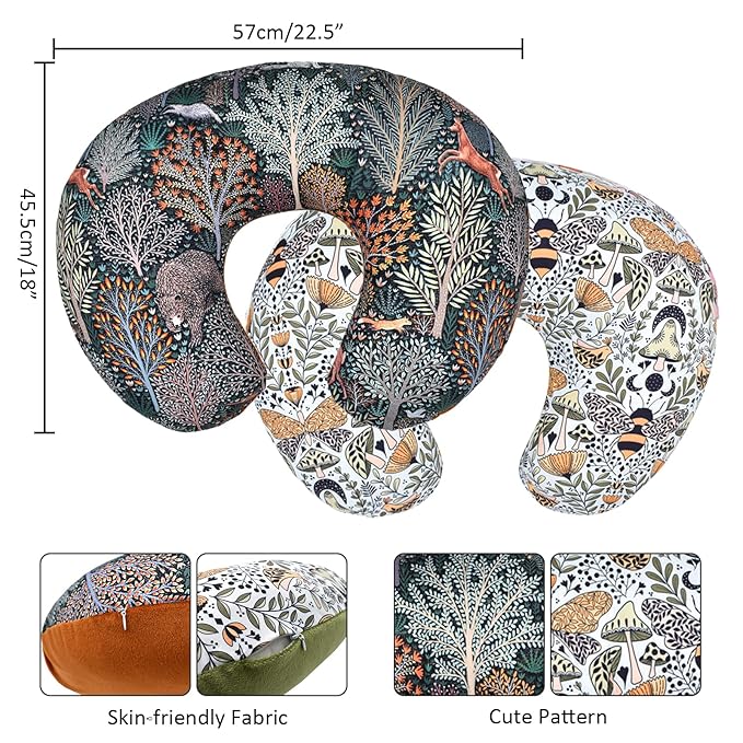 Winmany 2 Pack Baby Nursing Pillow Cover Newborn U-Shaped Breastfeeding Pillowcase Cushion Cover Stretchy Replaceable Forest&Floral Pillow Cover Slipcover 22.5x20