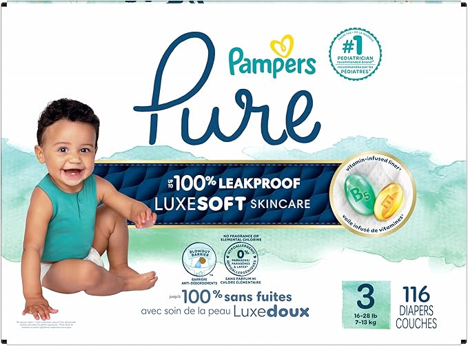 Pampers Pure Baby Diapers, Size 3 (16-28 lbs), 116, Up to 100% Leakproof, Premium Hypoallergenic Soft Diapers