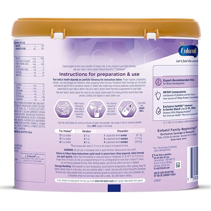 Enfamil NeuroPro Gentlease for easing Fussiness, Crying, Gas, Spit-up in 24 Hrs, Smaller Proteins for Easy Digestion, Brain Supporting DHA, Prebiotic Blend, HuMO6*, Baby Formula, Reusable Tub, 19.5 Oz