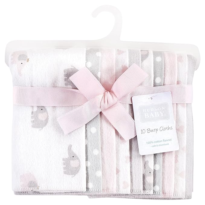 Hudson Baby Unisex Baby Cotton Flannel Burp Cloths, Pink Gray Elephant, One Size