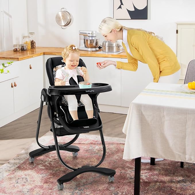 BABY JOY High Chair, Foldable Baby High Chair with Adjustable Height, Recline & Footrest, Double Removable Tray, Storage Basket, Portable Chair with Wheels for Babies & Toddlers (Black)