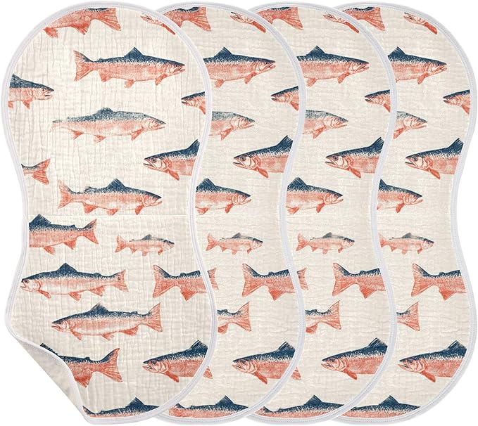 Sea Vintge Salmon Fish Burp Cloths Baby Boys Girls Absorbent Soft Cotton Burping Cloths Rags, 4 Pack