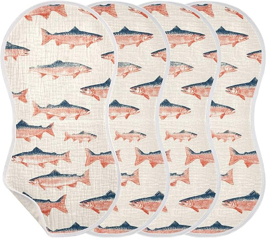 Sea Vintge Salmon Fish Burp Cloths Baby Boys Girls Absorbent Soft Cotton Burping Cloths Rags, 4 Pack