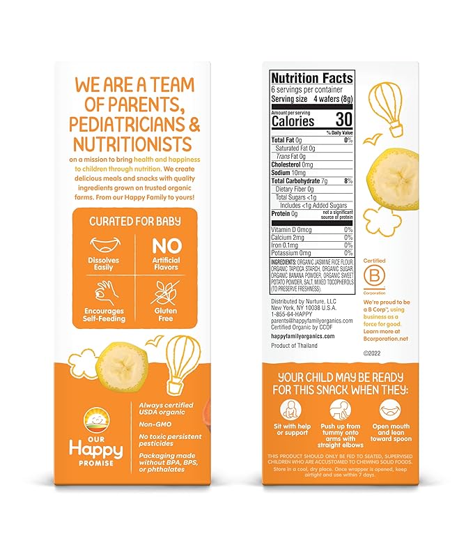 Happy Baby Organics Baby Snacks, Gentle Teething Wafers, Gluten Free & Vegan, Sweet Potato & Banana, 12 Count (Pack of 6)