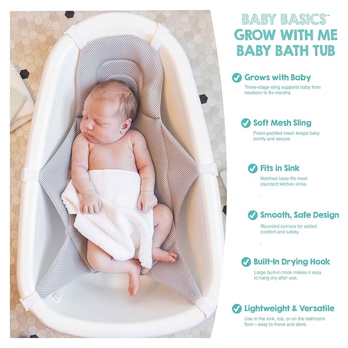Regalo Baby Basics 3-in-1 Grow with Me Baby Bathtub with Foam Padded Air Mesh Sling, Adjustable Infant Bath Tub for Newborn to Toddler, Baby Bath Seat Support, Easy Clean with Drying Hook