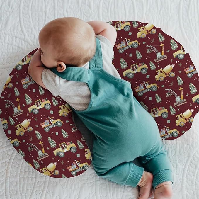 Red Christmas Construction Trucks Baby Nursing Pillow Covers for Boy Girl Dump Truck Excavator Animals Gifts Nursing Pillowcase for Breastfeeding Pillows Winter Holiday Soft Stretchy Slipcovers