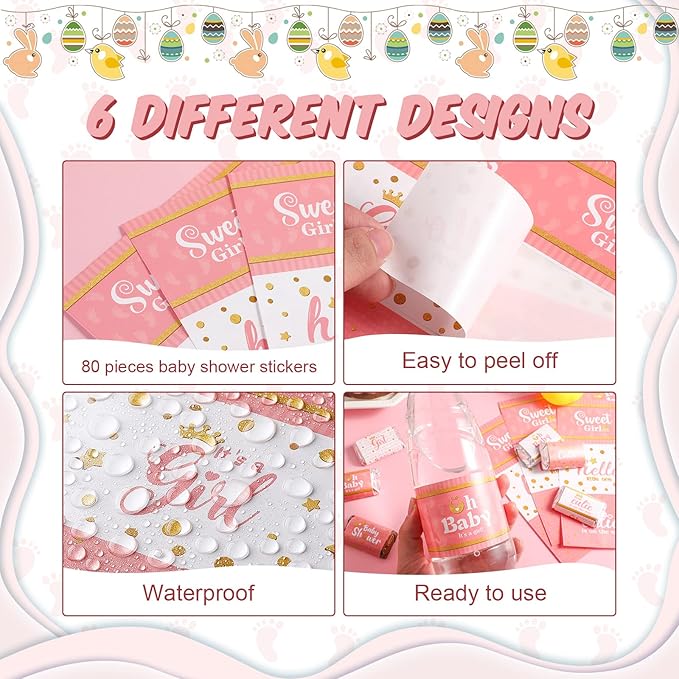 Teling 80 Pieces Baby Shower Water Bottle Labels Waterproof Water Bottle Stickers Wrappers Labels for Baby Shower Party Decoration(Pink Girl Style)