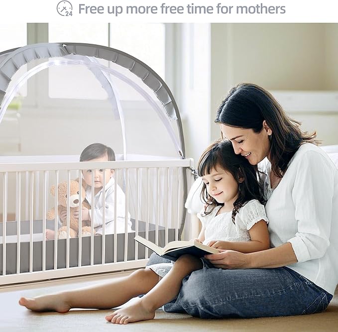 Lazyzzzz Crib Tent, Pop Up Mosquito Crib Net with Double Zipper Self-Locked,1200 Holes/Inch Mesh to Keep Baby from Climbing Out, Portable Easy Install Mosquito Net 55" L x 27" W x 51" H Grey