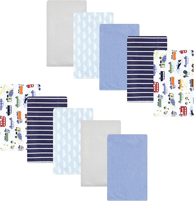 Luvable Friends Hudson Baby Flannel Burp Cloths 10pk, Vehicle Adventure