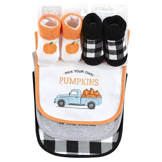 Hudson Baby Unisex Baby Cotton Bib and Sock Set, Pumpkin Truck, One Size