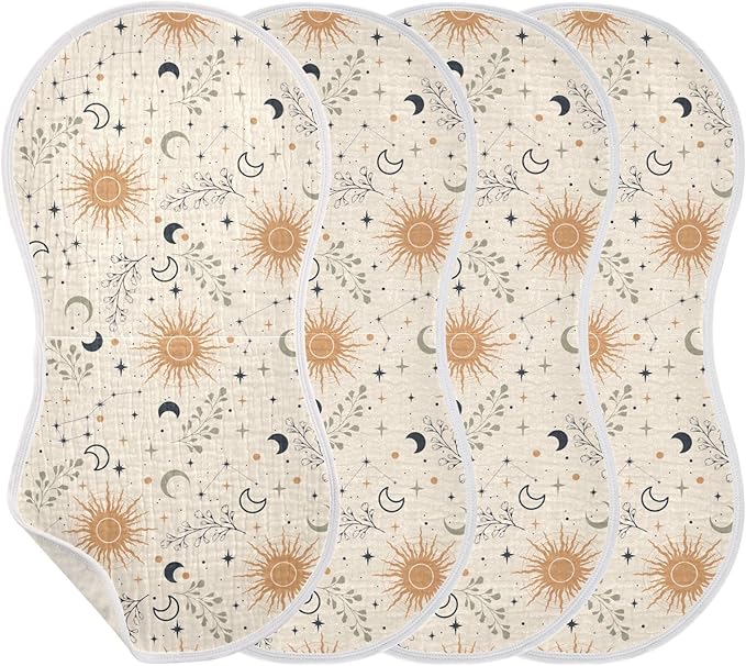 Muslin Burp Cloths for Baby Boys and Girls - 4-Pack Ultra Absorbent Magic Constellations Moons Star Muslin Washcloths, Newborn Towel, Milk Spit Up Rags, Burp Cloth Bib for Unisex, 22 x 11 Inch