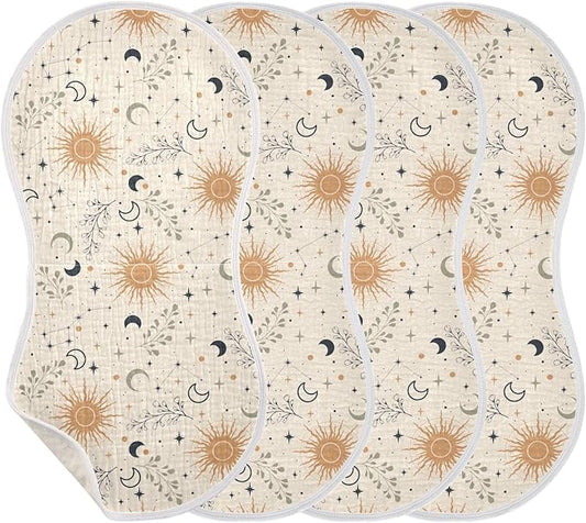 Muslin Burp Cloths for Baby Boys and Girls - 4-Pack Ultra Absorbent Magic Constellations Moons Star Muslin Washcloths, Newborn Towel, Milk Spit Up Rags, Burp Cloth Bib for Unisex, 22 x 11 Inch