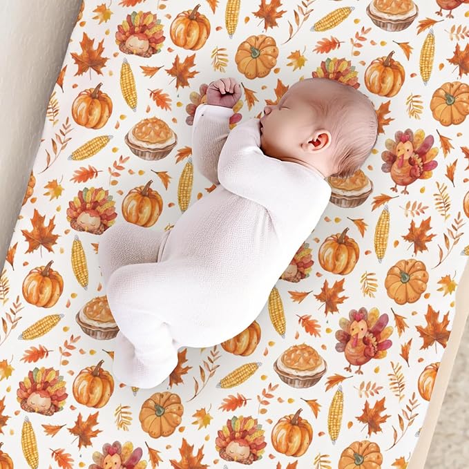 Watercolor Thanksgiving Turkey Pumpkin Corn Leaves Pattern Baby Changing Pad Cover, Unisex Fall Winter Holiday Nursery Diaper Changing Table Pad Mat Sheet for Boys Girls-16x32