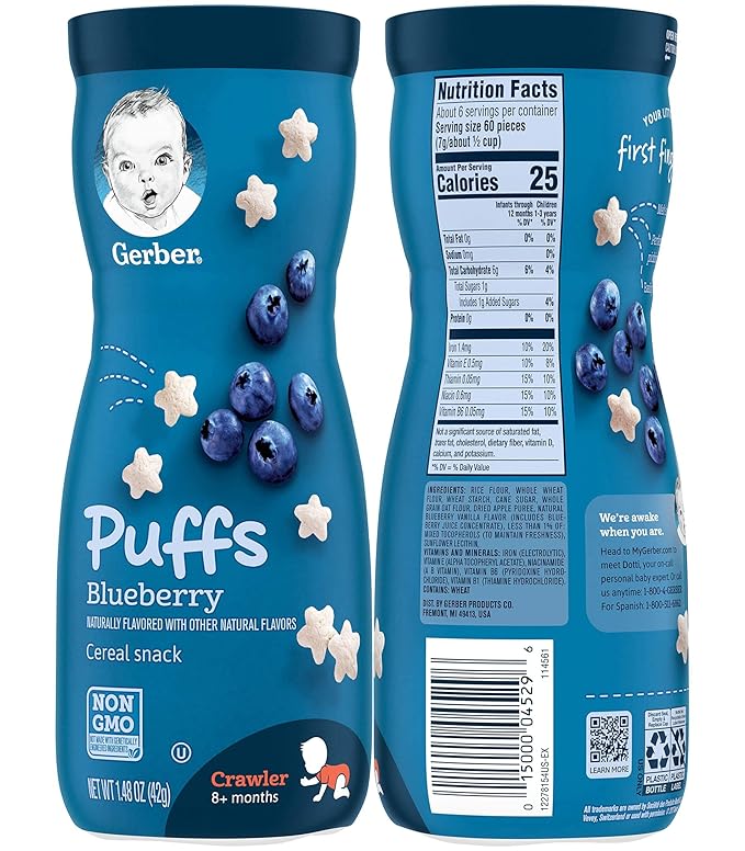 Gerber Graduates Puffs Cereal Snack Variety Pack - Blueberry, Strawberry-Apple, Sweet Potato 1.48 Ounce (Variety Pack of 3)