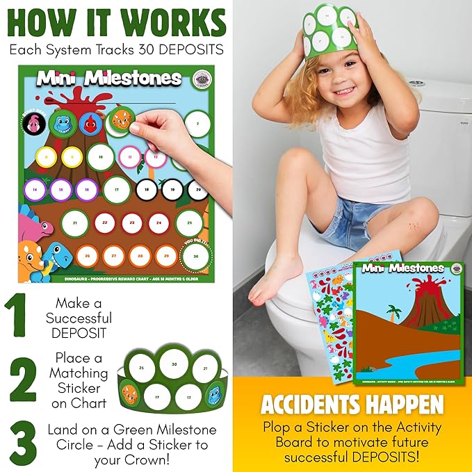 17PC Toddler Dinosaurs Potty Training Chart Behavior Chart for Toddlers, Potty Chart, Toddler Reward Stickers, Reward Chart for Kids, Crown & Activity Board by LIL ADVENTS Mini Milestones + eBook