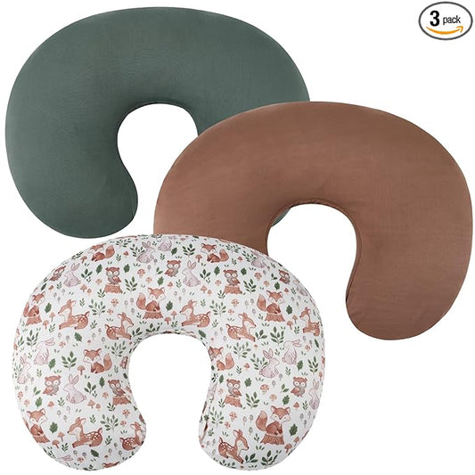Nursing Pillow Cover Set 3 Pack Nursing Pillow Slipcovers for Moms Breastfeeding Moms, Ultra-Soft Stretchy Fit Standard Nursing Pillows Green/Brown/Fox