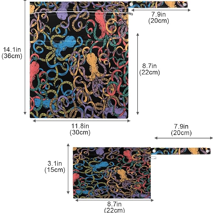 visesunny Colorful Octopus Animal Black Pattern 2Pcs Wet Bag with Zippered Pockets Washable Reusable Roomy for Travel,Beach,Pool,Daycare,Stroller,Diapers,Dirty Gym Clothes, Wet Swimsuits, Toiletries