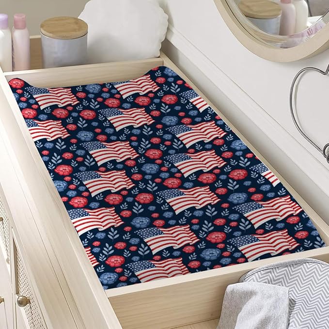 American Flag Blue Red Floral Diaper Changing Pad Covers for Boy Girl 32''x16'' Patriotic 4th of July Unisex Fitted Change Table Sheets Independence Day Soft Breathable Baby Changing Table Mats Navy