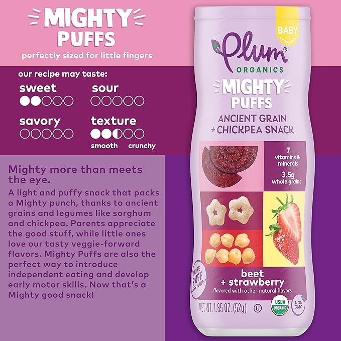 Plum Organics Mighty Puffs Snack For Babies - 12ct Bundle - Includes Beet & Strawberry (Pack of 6) and Carrot & Broccoli (Pack of 6) - Ancient Grain & Chickpea Snacks