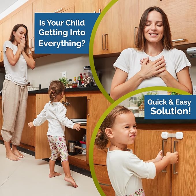 Child Safety Strap Locks (12 Pack) Baby Locks for Cabinets and Drawers, Toilet, Fridge & More. 3M Adhesive Pads. Easy Installation, No Drilling Required, White