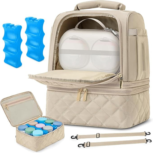 RAINSMORE Wearable Breast Pump Bag, Willow/Eufy/Elvie/Spectra/Medela/Momcozy M5/S12 Pro, Breast Milk Cooler Travel Bag with Cooler Compartment & Ice Pack, Nude