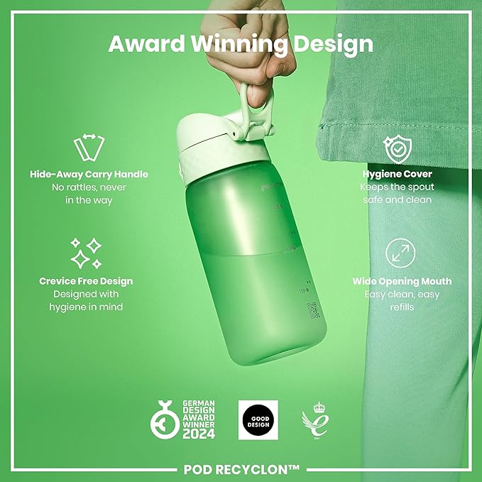 Ion8 Small Water Bottle, 350 ml/12 oz, Leak Proof, Easy to Open, Secure Lock, Dishwasher Safe, BPA Free, Carry Handle, Hygienic Flip Cover, Easy Clean, Odor Free, Carbon Neutral, Surf Green
