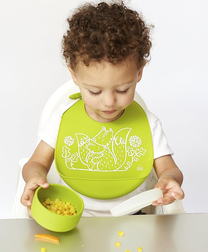 modern-twist Bucket Bib 100% plastic free silicone, waterproof, adjustable, dishwasher safe, Green Foxes