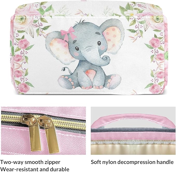Pink Rose Elephant Diaper Bag Backpack Tote Custom with Name Multifunction Waterproof Travel Back Pack Diaper Bag Gifts Backpack for Men Women 10.8"x7.8"x15.7"
