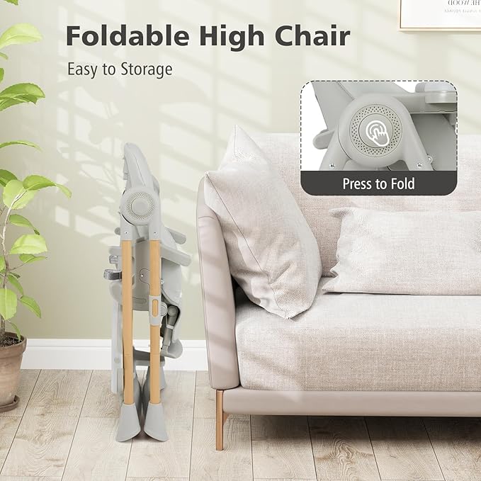 INFANS Baby High Chair, High Chairs for Babies & Toddlers with Adjustable Height Backrest Footrest Removable Tray, Easy to Clean PU Seat Convertible Quick Folding Portable Highchair