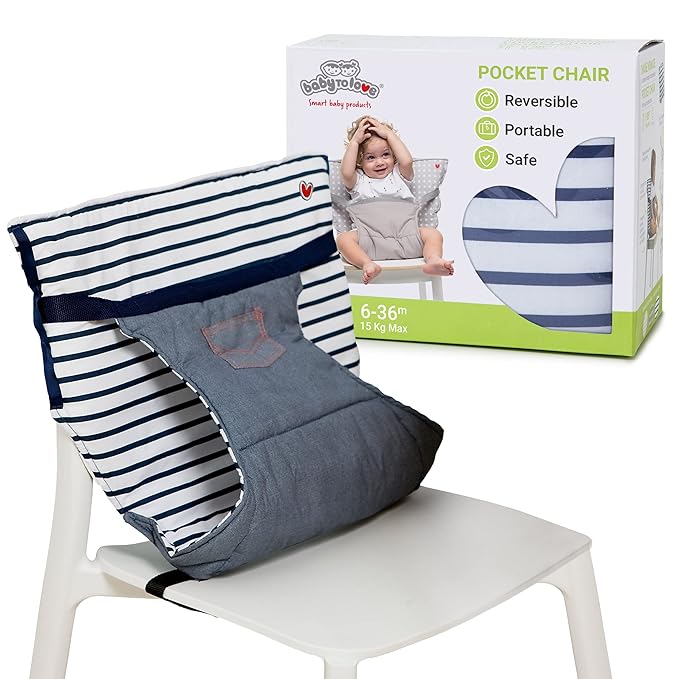 BabyToLove Pocket Seat | Compact Portable High Chair for Travel, Dining & More | Secure & Washable Toddler Seat with Harness | Fits Most Chairs | Lightweight Foldable | Denim