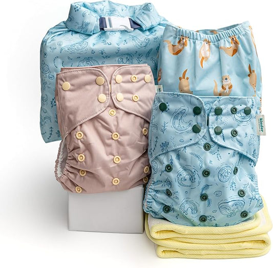 Kinder Cloth Diapers Reusable Baby Diapers Pocket Style Athletic Wicking Jersey, Bamboo Viscose Inserts, Wet Bag, Newborn to Potty Training 7-60lbs, One Size (Otterly Sweet, 3 Pack, with Inserts)