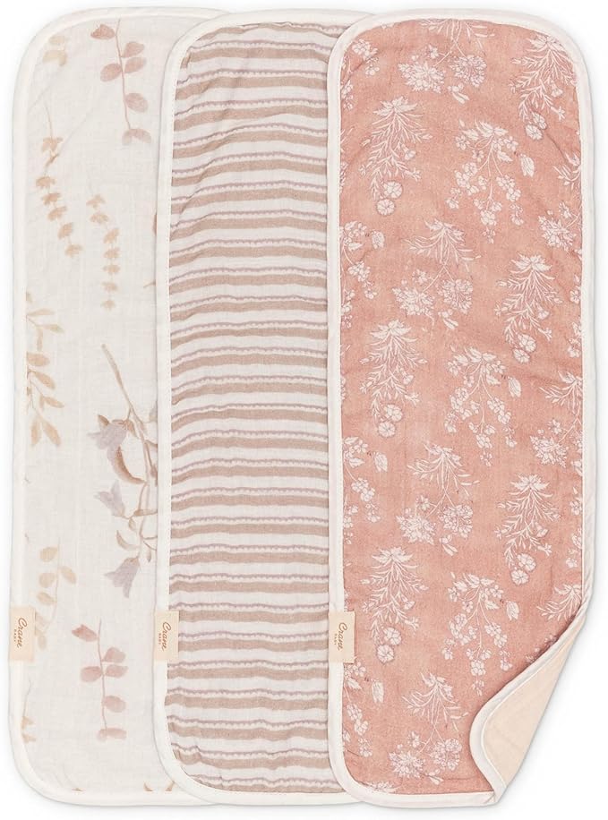 Crane Baby Violet Floral Cotton Muslin Burp Cloth Set, 3 Pack Baby Girl Burp Cloths, Absorbent 100% Cotton Muslin, Pink Burping Cloth for Baby Girl, Soft Burping Cloths for Newborn