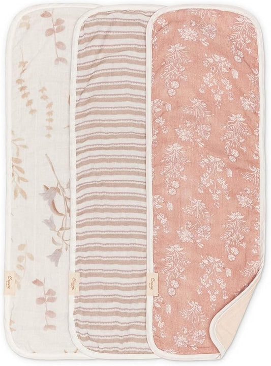 Crane Baby Violet Floral Cotton Muslin Burp Cloth Set, 3 Pack Baby Girl Burp Cloths, Absorbent 100% Cotton Muslin, Pink Burping Cloth for Baby Girl, Soft Burping Cloths for Newborn