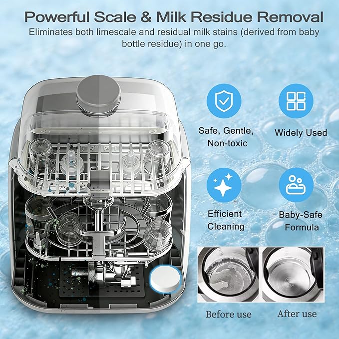 40 Count Descaling Tablets Compatible with Baby Brezza, Momcozy, Papablic & All Brands, Fit for Bottle Washers, Baby Food Maker, Warmers, Sterilizers & Formula Makers, Remove Milk Stains & Limescale