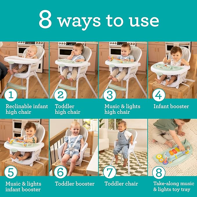 Infantino Music & Lights 8-in-1 Convertible High Chair for Babies & Toddlers, Interactive Lights & Sounds, Removable Legs, Wipe-Clean Seat with Tray, Ages 6 Months+