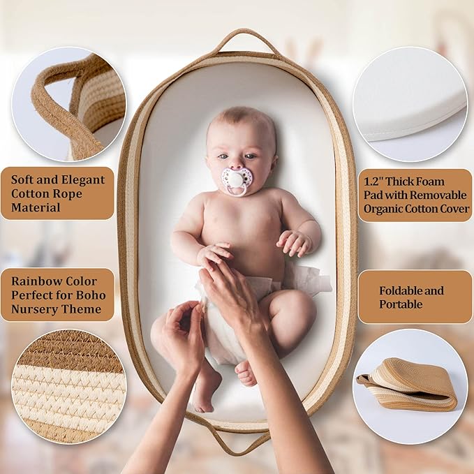 Baby Changing Basket - Moses Basket Changing Table Topper and Thick Foam Pad with Removable Cotton Mattress Cover, 100% Cotton Boho Nursery Decor with Storage Bag
