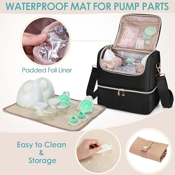 Fasrom Breast Pump Bag with Cooler Compartment Compatible with Momcozy, Medela and Willow Hands Free Pump, Pumping Tote with Waterproof Mat, Black