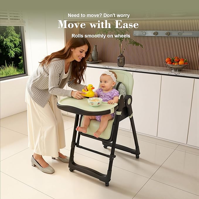 Foldable High Chair for Toddlers with Removable Double Tray & Storage Basket, 5 Height Levels Baby Eating Chair,3 Recline & Footrest Positions, Lockable Wheels,Easy Clean Feeding Chair (Green)